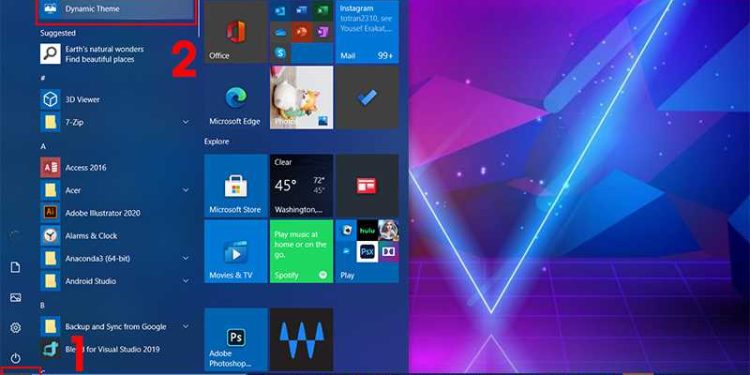 nhấn vào biểu tượng Start Menu > Nhấn vào ứng dụng Dynamic Theme để thiết lập lại.
