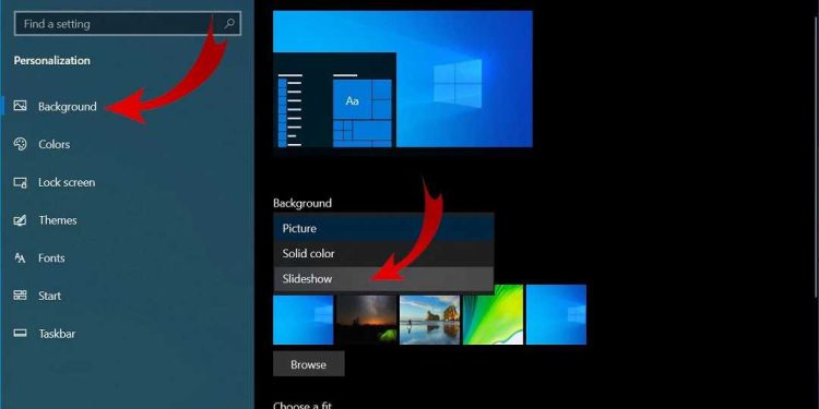 Tại phần cài đặt Background, chọn Slideshow