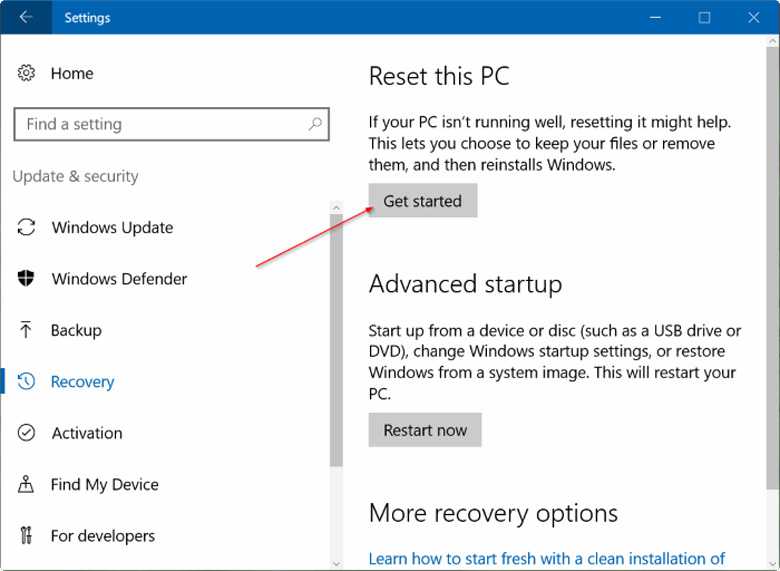 Chọn Update & security -> Chọn mục Recovery -> Chọn Get started ở mục Reset this PC