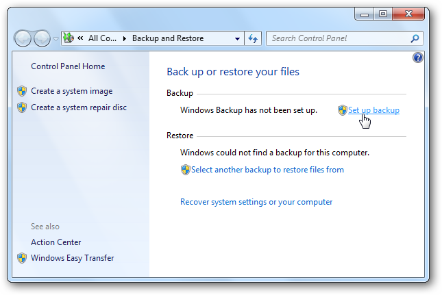 Trên cửa sổ Backup or restore your files, click chọn link Set up backup