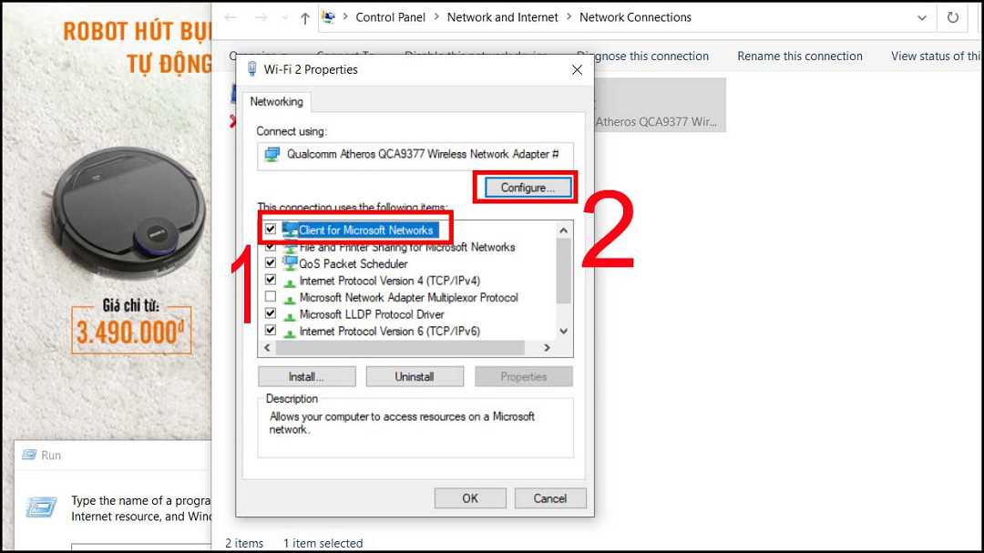 Nhấn vào dòng Client for Microsoft Networks > Nhấn Configure.