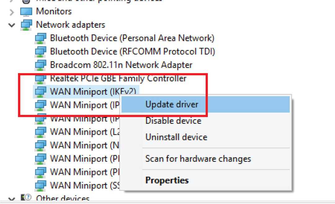 Bạn mở rộng Network adapters -> nhấn chuột phải vào các adapter liên quan đến card wifi (WAN) -> Update driver.