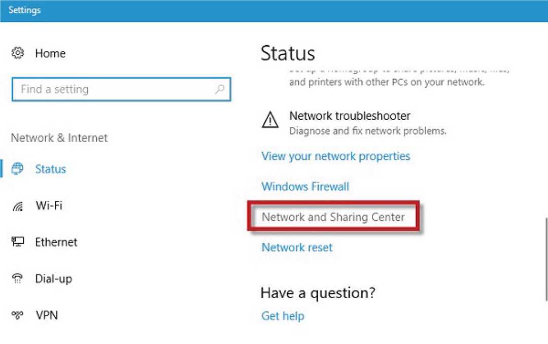 Bạn ấn vào Status -> Network and Sharing Center.